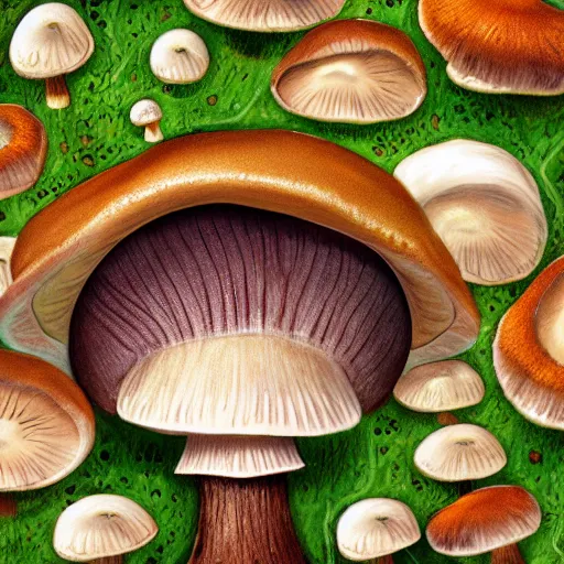 Image similar to macro photo with a mushroom character with cute eyes and mycelium, very close to real nature, natural colors and natural surroundings, painted patterns and coloring on mushrooms, 8K, highly detailed, cartoon