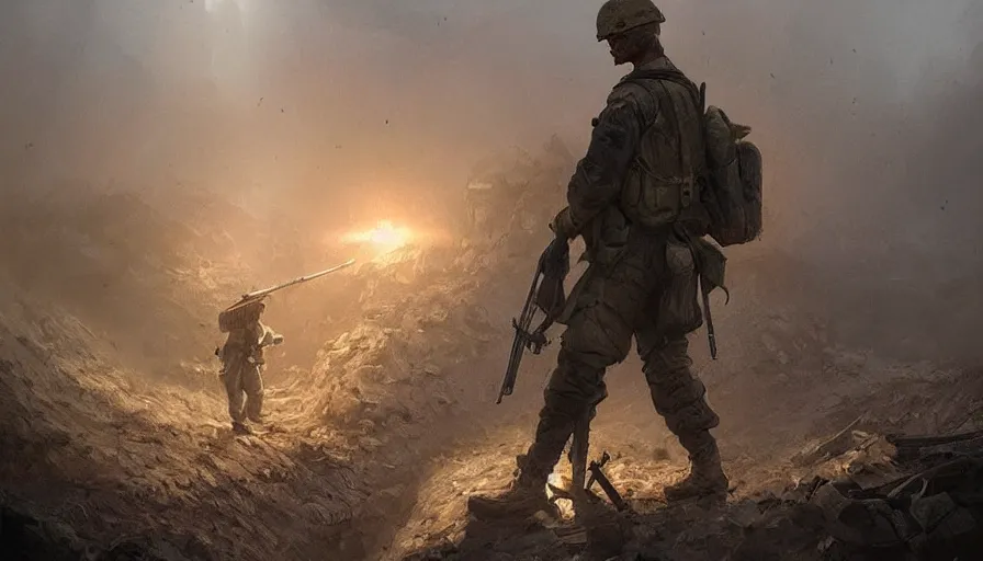 Image similar to beautiful digital painting of a lone survivor, one soldier after his squad killed in action in a trench waiting for the war to end. cinematic lighting and rendering, atmospheric, concept art, high detailed faces, artstation by artgerm and greg rutkowski,,