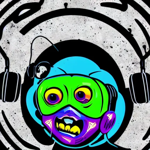 Image similar to svg sticker of a Pop-Wonder Alien-Bog-Monster-Swamp-Rat-Thunder-Coot-Racing-Fan at a rave, spinning records, giant headphones rocking out, wearing headphones, huge speakers, dancing, rave, DJ, spinning records, digital art, amazing composition, rule-of-thirds, award-winning, trending on artstation, featured on deviantart