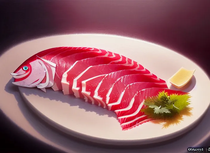 Image similar to a film still portrait of japanese food sashimi, finely detailed features, closeup at the food, perfect art, at a dinner table, gapmoe yandere grimdark, trending on pixiv fanbox, painted by greg rutkowski makoto shinkai takashi takeuchi studio ghibli, akihiko yoshida