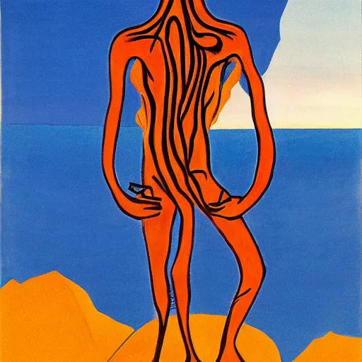 Prompt: A beautiful body art of a human-like creature with long, stringy hair. The figure has no eyes, only a mouth with long, sharp teeth. The creature is standing on a cliff overlooking a dark, foreboding sea. by Jacob Lawrence, by Angus McKie serene