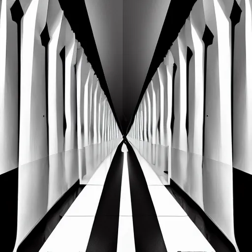 Image similar to a solemn simulacrum, standing inside an infinite corridor, trending on artstation, abstract black and white painting, masterpiece