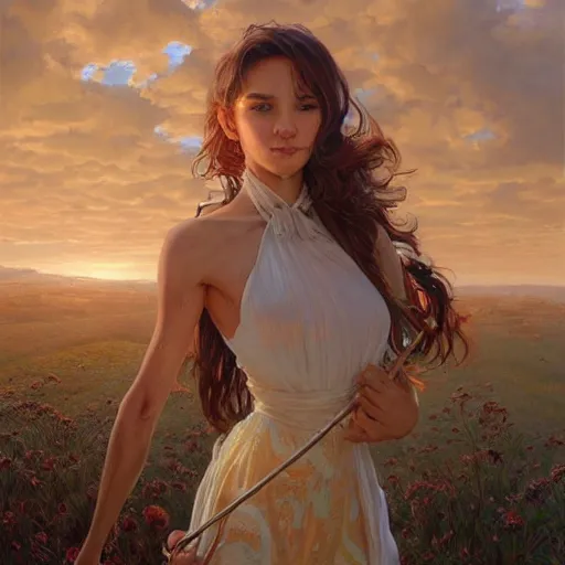 Image similar to clear portrait of namekeyword holding a objectkeyword, golden hour background, cottagecore!!, hyper detailed, character concept, full body, dynamic pose, intricate, elegant, highly detailed, digital painting, artstation, concept art, smooth, sharp focus, illustration, art by artgerm and greg rutkowski and alphonse mucha