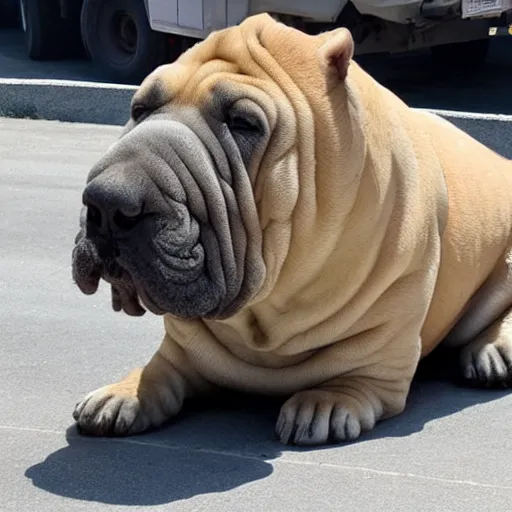 Prompt: sharpei dog driving a cement truck