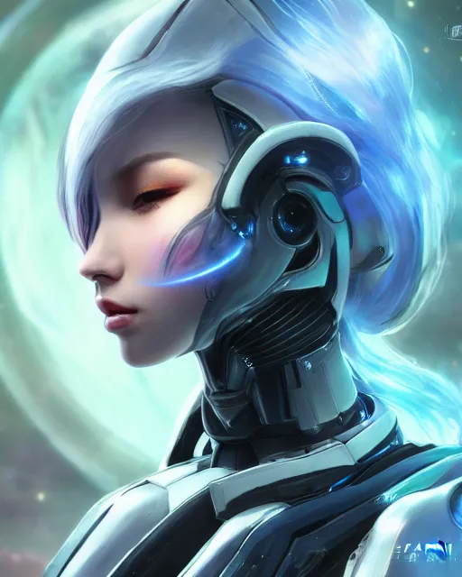 Image similar to perfect android girl on a mothership, warframe armor, beautiful face, scifi, futuristic, galaxy, nebula, bae suzy, dreamy, long white hair, blue cyborg eyes, sharp focus, cinematic lighting, highly detailed, artstation, divine, by gauthier leblanc, kazuya takahashi, huifeng huang