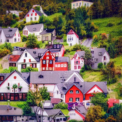 Image similar to a cute Swedish village, tilt-shift photograph, extremely detailed