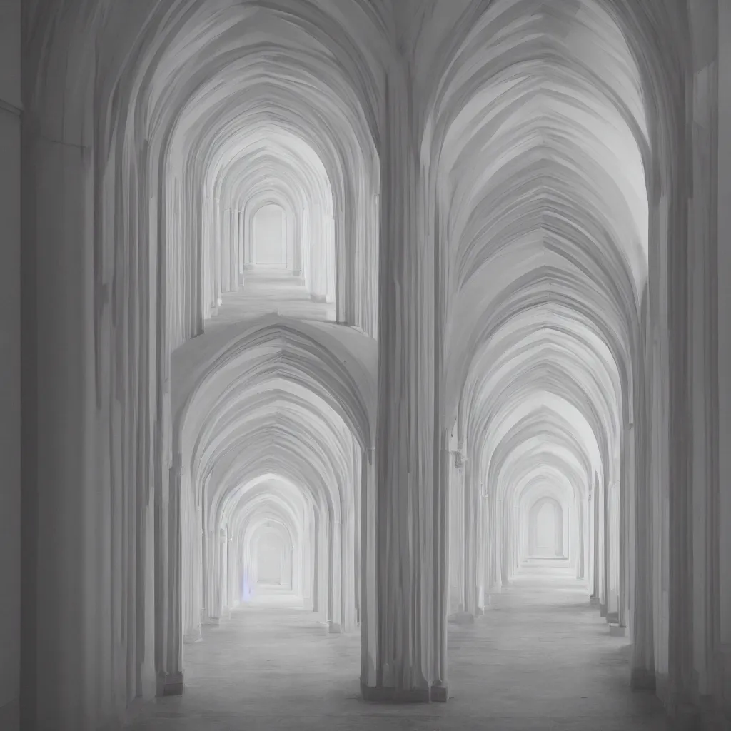 Image similar to photograph of a symmetrical hallway with multiple arches, pastel hues, minimalist, architecture magazine, dezeen, 50mm, pentax, film