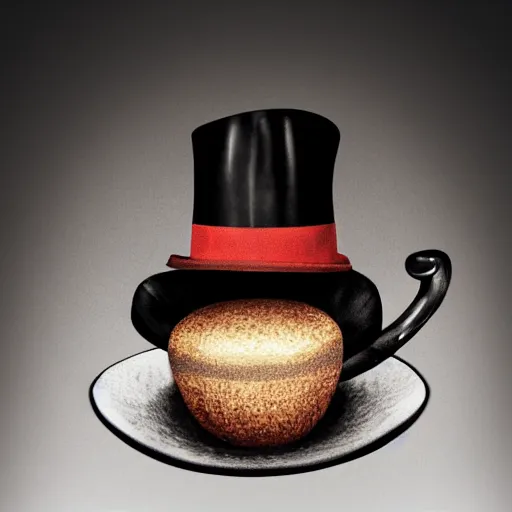 Image similar to Award winning photograph of a British Cup of tea with a bowler hat on top, cantered composition, realistic, highly detailed, trending artstation, 8k, food photography