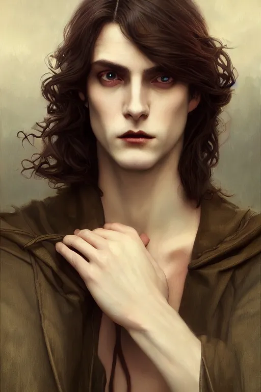 Image similar to a beautiful androgynous man, long hair, deep brown eyes, vampire, illustration, dramatic lighting, soft details, painting oil on canvas, art nouveau, octane render, HDR, 4k, 8k, HD, by Edmund Blair Leighton, Brom, Charlie Bowater, faces by otto schmidt