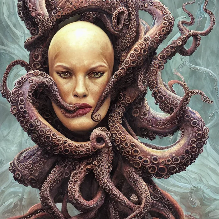 Image similar to beautiful and exotic octopus queen bust portrait, glowing big eyes, art nouveau declotage, perfect symmetrical facial features, hyperrealistic bone structure, desaturated, beautiful lighting, extremely hyperdetailed, mixed media painting, unreal engine, 8 k, octane, 8 mm, by travis charest, rodney matthews and chris achilleos