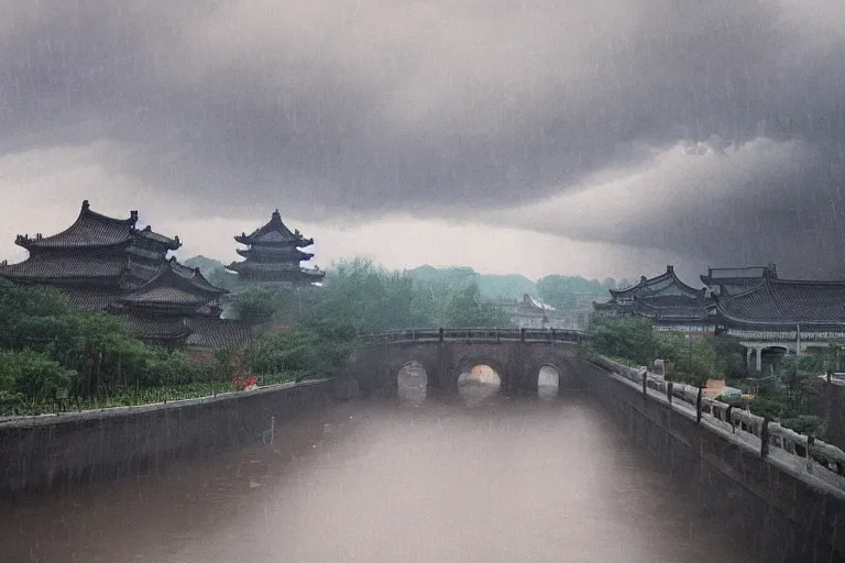 Prompt: in the rain, beijing houses, bridge, river mysterious and serene landscape, clouds, by zhang zeduan, tang yin, zhang daqian, qiu ying, trending on artstation