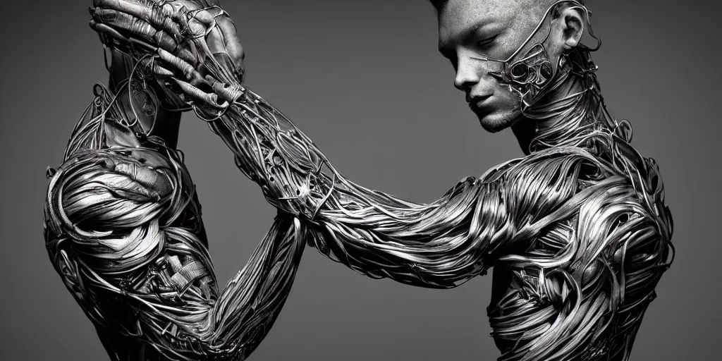 Image similar to hyper realistic photography of a stunningly beautiful cyborg male, plated arm, intimate, chest, holding close, ribbons, in the style of beth cavener, jin kagetsu,, and wlop, highly detailed, intricate filigree, symmetry, masterpiece, award winning, sharp focus, concept art, highkey lighting, ambient lighting, octane render, 8 k, artstation