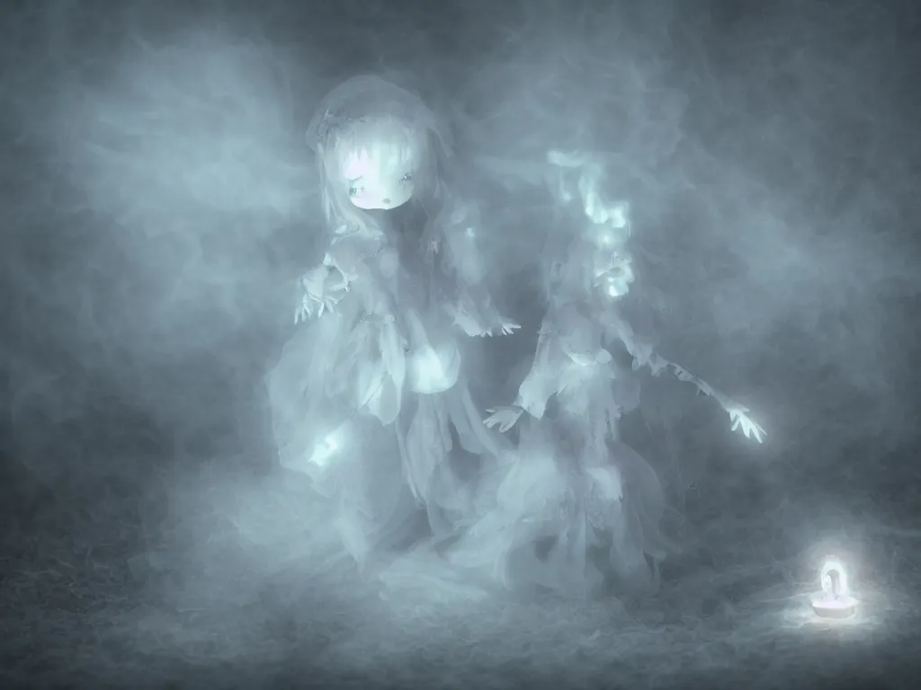 Prompt: cute fumo plush girl ghost in the haze of the murky river, smoke and volumetric fog, tattered gothic horror maiden, fallen angel, blue lens flare, light shafts, light and shadow, vray