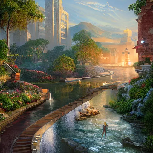 Prompt: walkway waterfall skies rich hyper realism 8 k octane render sacred by evgeny lushpin, moebius, john stephens, rhads, arthur adams