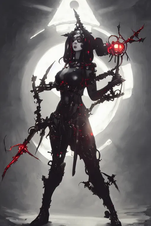Image similar to Portrait of beautiful pale smiling cyborg goth anime maiden in bikini armor with crown of thorns and glowing red eyes, steampunc, Warhammer 40000, digital art from artstation by Ruan Jia and Mandy Jurgens and Artgerm and william-adolphe bouguereau