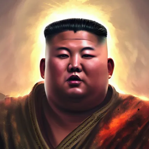 Image similar to portrait of kim - jong un as buddha, league of legends amazing splashscreen artwork, gears of war, splash art, natural light, elegant, photorealistic facial features, intricate, fantasy, detailed face, atmospheric lighting, anamorphic lens flare, cinematic lighting, league of legends splash art, hd wallpaper, ultra high details by greg rutkowski