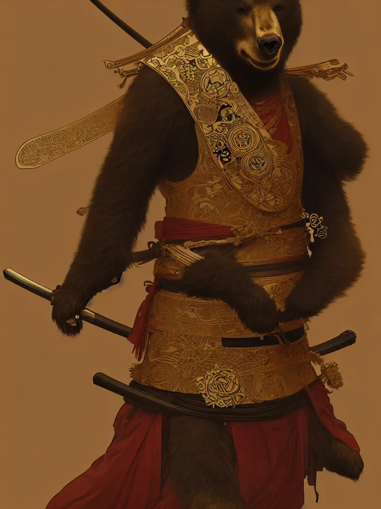 Image similar to anthropomorphic samurai bear, diffuse lighting, fantasy, intricate, highly detailed, lifelike, photorealistic, digital painting, artstation, illustration, concept art, smooth, sharp focus, art by alphonse mucha