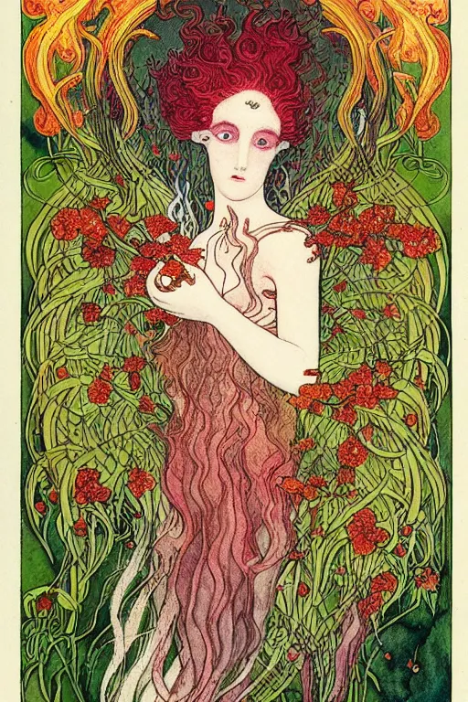 Image similar to realistic face of nature goddess with red hair with flowers and flames growing around, flower frame, imbolc, st brigid, spring, detailed art by kay nielsen and walter crane, illustration style, watercolor