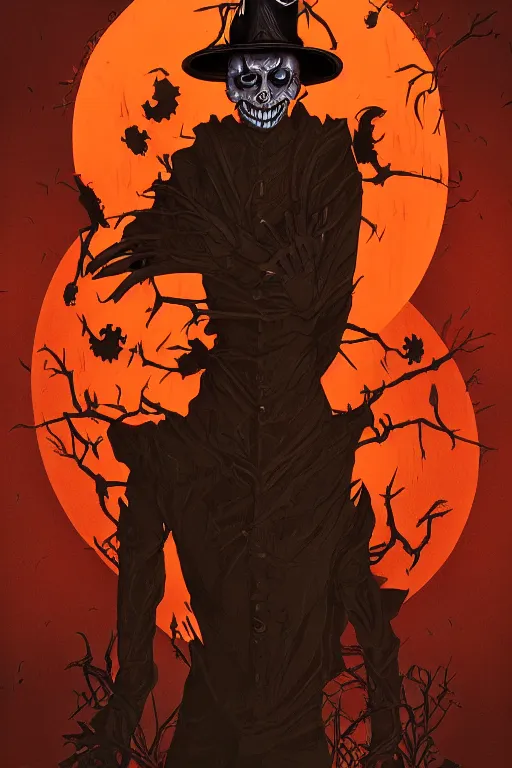 Image similar to a scarecrow with jack - o - lantern head, full body, big two toned eyes, halloween, horror, intricate details, cinematic, epic, realistic, anatomy, tomer hanuka, uplight, artstation, photorealistic, scary