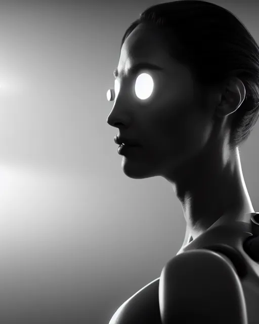 Image similar to black and white high quality photo of a beautiful female AI cyborg looking into a sci-fi mirror, volumetric lighting, liminal space, brutalism, foggy, dreamy, hyperdetailed, bokeh, photorealistic, cinematic, masterpiece, Metropolis, elegant, dark, in the style of Horst P. Horst, octane render, 8K,