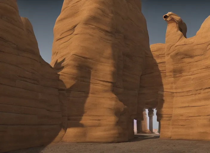 Prompt: A beautiful matte painting of a figure standing infront of a huge sandstone gate, sandstone pillars surrounding the gate, sand in the air, birds in the backgrounds, volumetric lighting, hyper-realistic, Unreal Engine, Vray, 4k, detailed, digital art, trending on Artstation