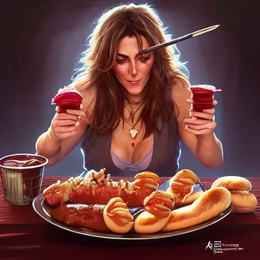 Prompt: Elizabeth Hurley eating Hot Dogs, dripping BBQ Sauce, serving big macs, D&D, spilling ketchup, fantasy, intricate, elegant, highly detailed, digital painting, artstation, concept art, matte, sharp focus, illustration, hearthstone, art by Artgerm and Greg Rutkowski and Alphonse Mucha