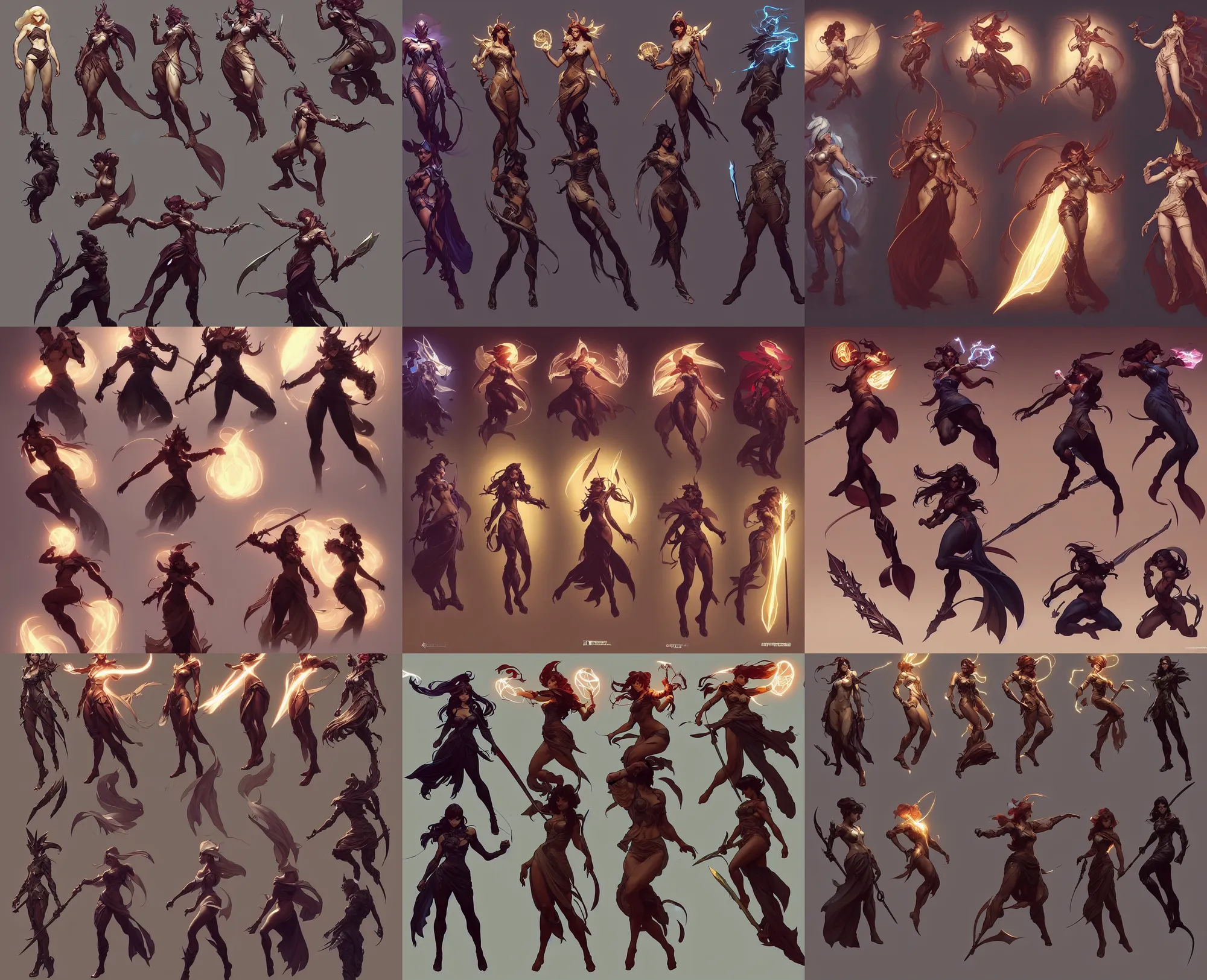 Image similar to a three - view character concept art by illustrator at riot games!! by artgerm, greg rutkowski and alphonse mucha. arcane!! dynamic pose, full body!! clear portrait of a league of legends hero!! fantasy weapon!! light effect. hyper detailed, glowing lights!! intricate, elegant, digital painting, artstation, smooth, sharp focus