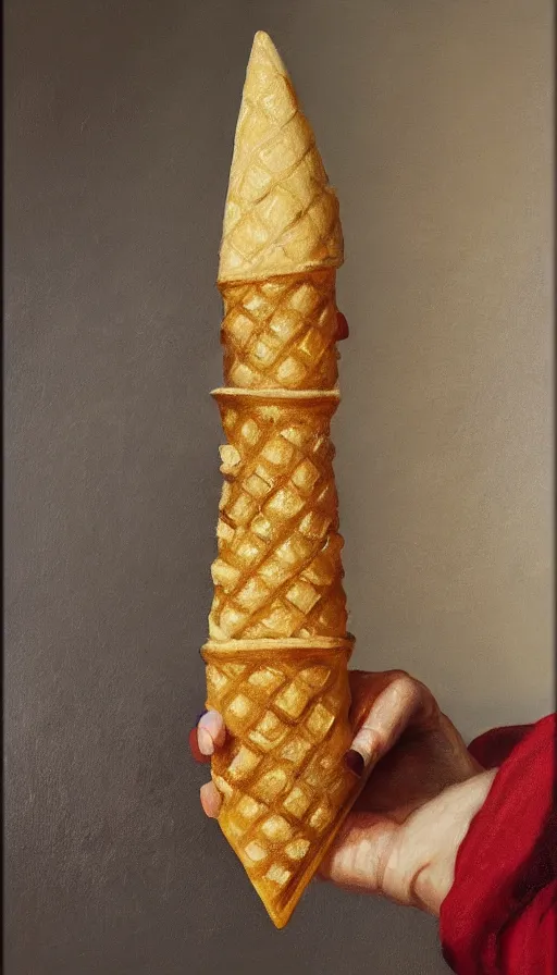 Prompt: still life painting of a hand holding a waffle cone containing 3 scoops of italian gelato by Peder Krøyer, golden hour, dramatic lighting, intricate detail, canvas print, 4k