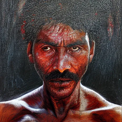 Image similar to portrait of head and body, single bangla farmer fighting on hoseback, hand to hand combat with machete, wielding machete, lungi, full body view, long flowing hair, fighting for his life, nebula aura surrounding subject, nestor canavarro art style, hyperrealist art style, sharp outlines