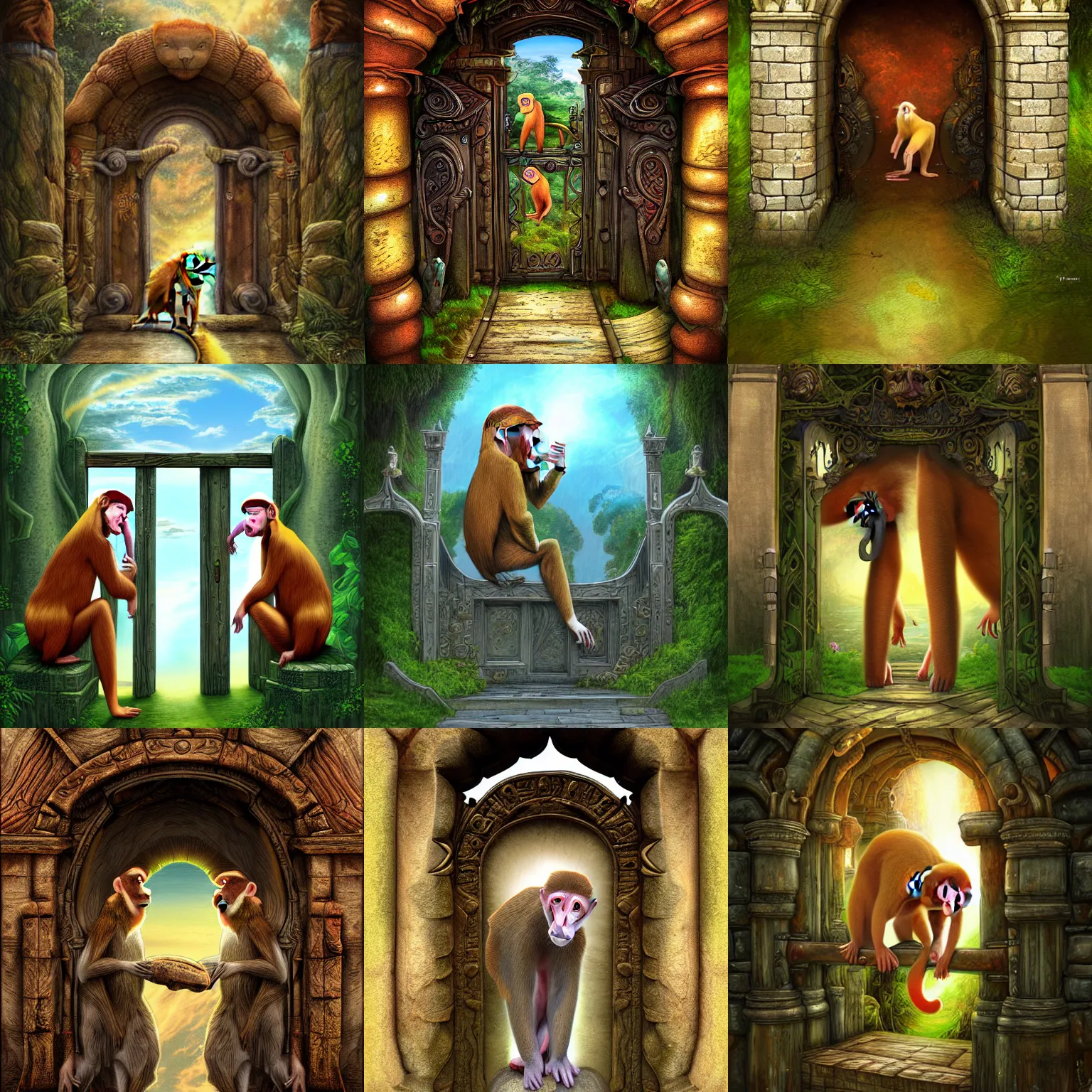 Prompt: The gate to the eternal kingdom of Proboscis Monkeys, fantasy, digital art, HD, detailed.