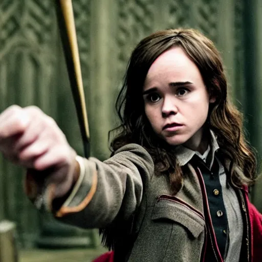 Image similar to Photo of Ellen Page as Hermonie Granger in Harry Potter, grimdark