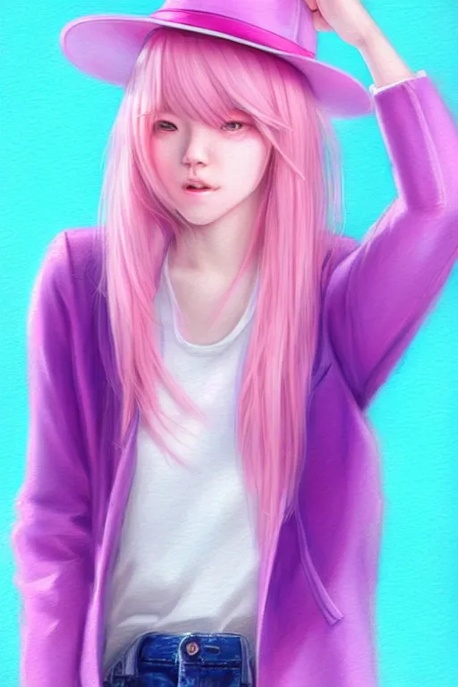 Image similar to gorgeous!!! hyper - realistic teenager girl with pink hair, light pink fedora hat and light pink jacket, with purple gloves, blue jeans and white shoes | drawn by wlop, drawn by jeehyung lee, drawn by artgerm | intricate, highly detailed, digital painting, character design, concept art, illustration, artstation