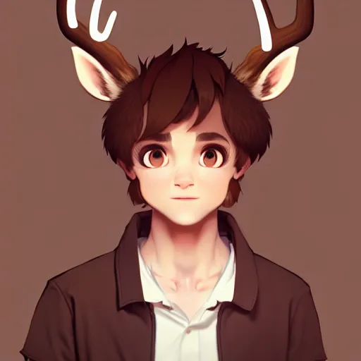 Image similar to character design portrait of a kind anthropomorphic furry deer man with deer ears, short brown hair, wearing a shirt, looking at the camera, 4 k, concept art, by wlop, ilya kuvshinov, artgerm, krenz cushart, pixiv.