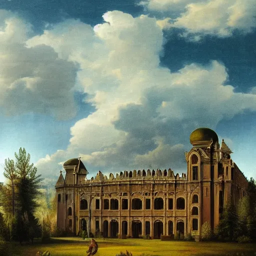 Image similar to a renaissance palace, beautiful tall trees, clouds in the sky, hyperrealistic