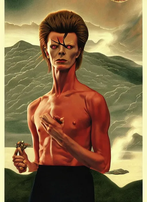 Prompt: twin peaks poster art, portrait of david bowie fights off the temptation for human instrumentality, by michael whelan, rossetti bouguereau, artgerm, retro, nostalgic, old fashioned