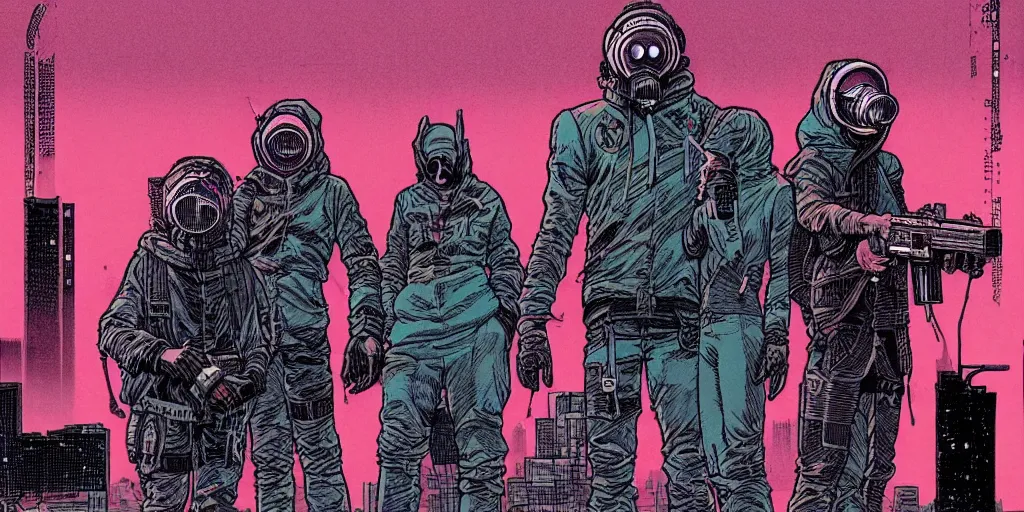 Prompt: detailed grainy risograph, detailed comic panel, cyberpunk after nuclear war, thomas meet wolf gang which they uses grey hoodie and using wolf gasmask, dramatic situation, vivid colors, by moebius and lehr paul and kim jung gi