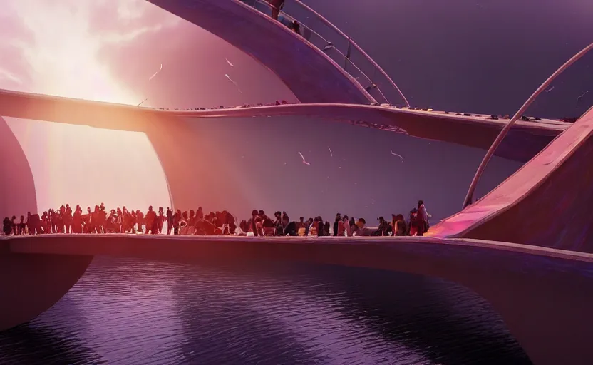 Image similar to incredible, mindblowing, refugees crossing a beautiful bridge made of rainbow hardlight, floating city in the sky, matte painting, artstation, cgsociety, dramatic lighting, concept art, octane render, arnold 3 d render