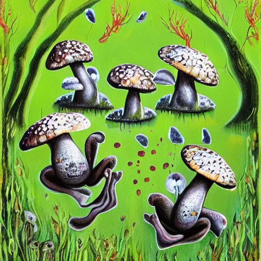 Image similar to dancing frogs at night amidst mushrooms and moss. Painting by Margot Datz