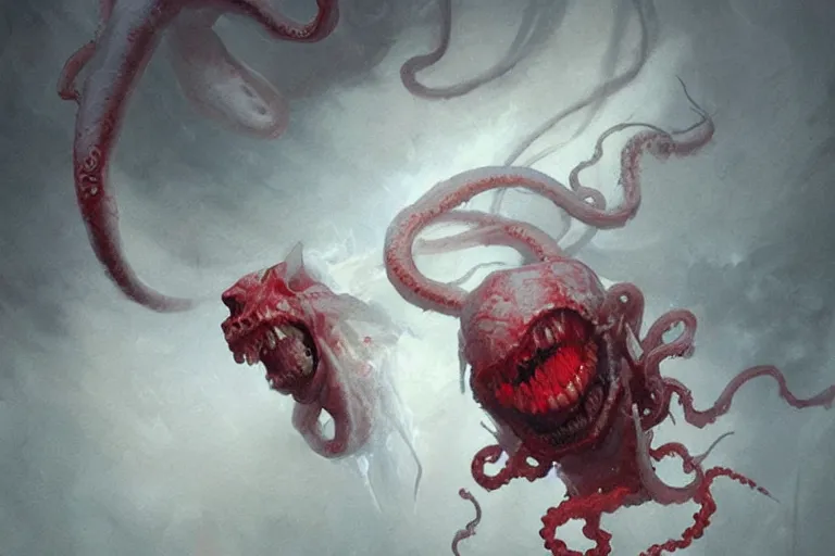 Image similar to painting by greg rutkowski of a flying crying human head and face that is chalk white in color, with tentacles coming of the neck, fiery red eyes, flying in a terrying hell like cavernous place