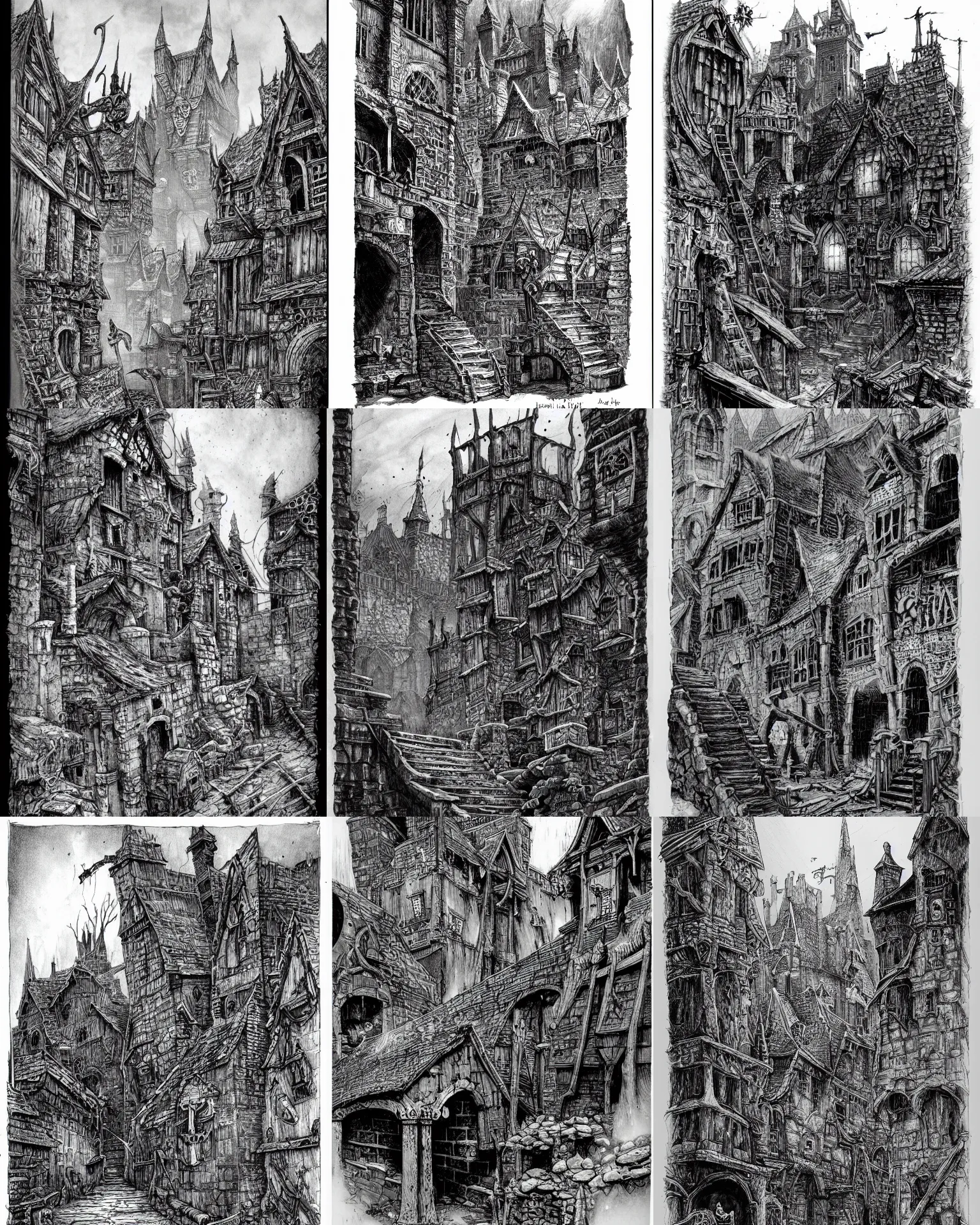 Prompt: a black and white mordheim illustration by john blanche, ian miller, alex boyd, highly detailed, ink on paper