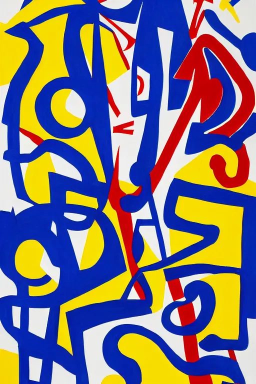 Image similar to Abstract painting representation of jazz musicians, musical notes, the letters J,A,Z, and Z in the style of Stuart Davis colors cobalt blue, ultramarine blue, yellow, red, white, black