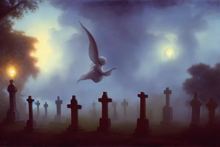 Prompt: casper the friendly ghost flying over a graveyard at midnight, cinestill, painted by james jean and gaston bussiere, backlight, fog, mist, trending on artstation