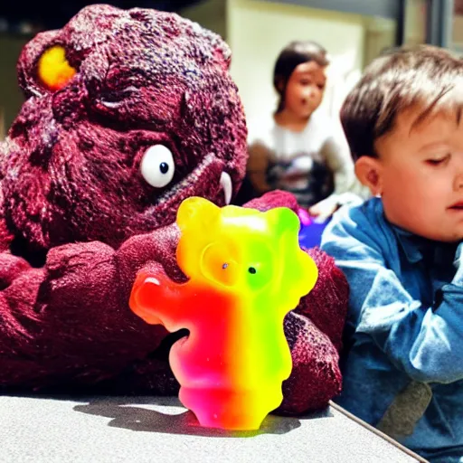 Image similar to a monster gummy bear tries to eat kids inside a kindergarten