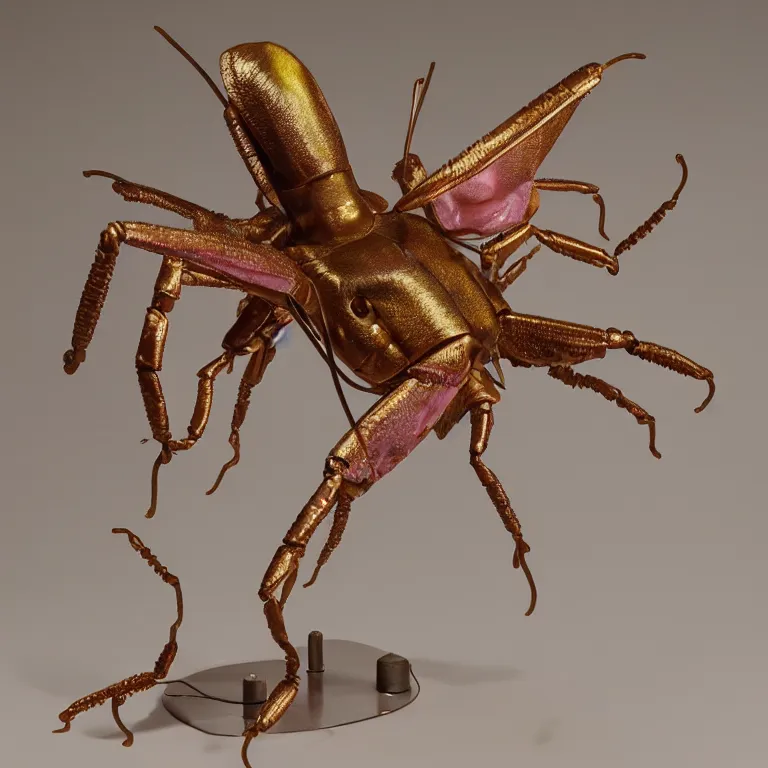 Prompt: hyperrealistic sculpture of a bronze fossilized luna moth crab in a large cage made of magenta nylon wire and beeswax on a pedestal by ron mueck and duane hanson and lee bontecou, hyperrealistic dramatic colored lighting trending on artstation 8 k