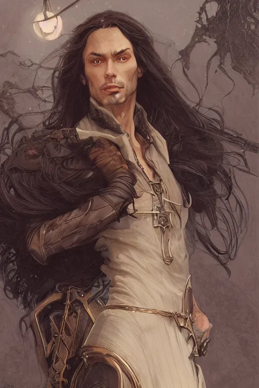 Image similar to skinny male fantasy alchemist, long dark hair, 1 9 th century fantasy, elegant, highly detailed, intricate, smooth, sharp focus, artstation, digital paining, concept art, art by donato giancola, greg rutkowski, artgerm, cedric peyravernay, valentina remenar, craig mullins