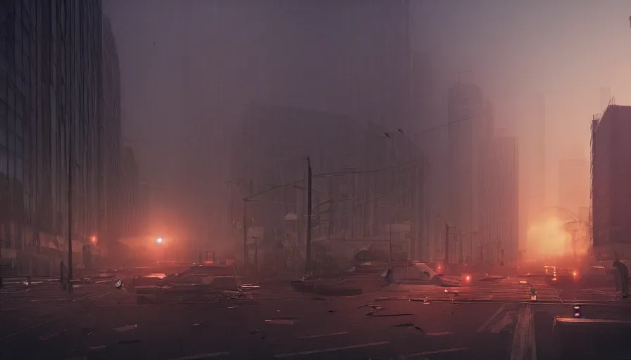 Image similar to damaged los angeles at sunset, light between the buildings, people fleeing the streets, ambulance and police cars in the streets, smoke fog, desolation, hyperdetailed, artstation, cgsociety, 8 k