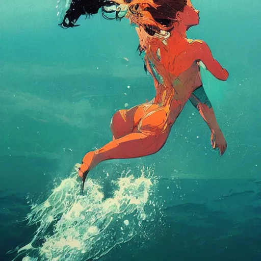 Prompt: a ultradetailed beautiful panting of a woman diving into the ocean, by conrad roset, greg rutkowski and makoto shinkai, trending on artstation