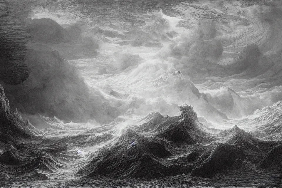 Prompt: the deluge, an engraving of a stormy sea beating against rocks by gustave dore