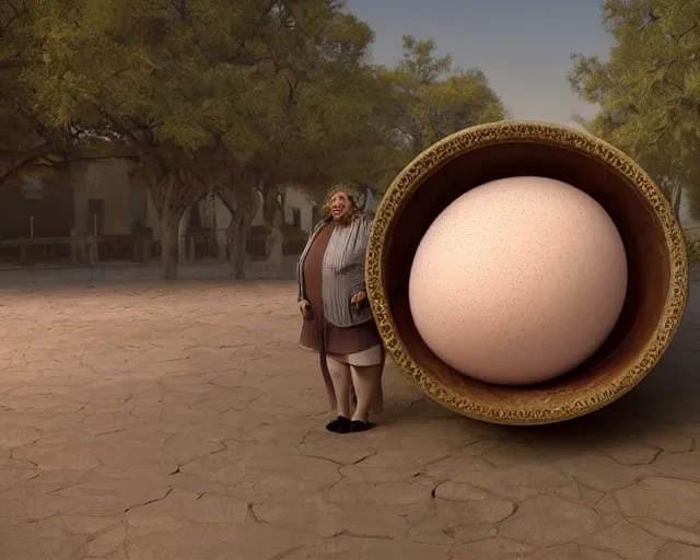 Image similar to םכ a very beautiful scene. processing block environment. a sweet fat old woman is in love with a huge, colorful and beautiful egg. hyper realistic. 4 k. wide angle. in the baroque style. wild. symmetrical face, red mouth, blue eyes. deep focus, lovely scene. processing block environment. concept art. unreal engine.