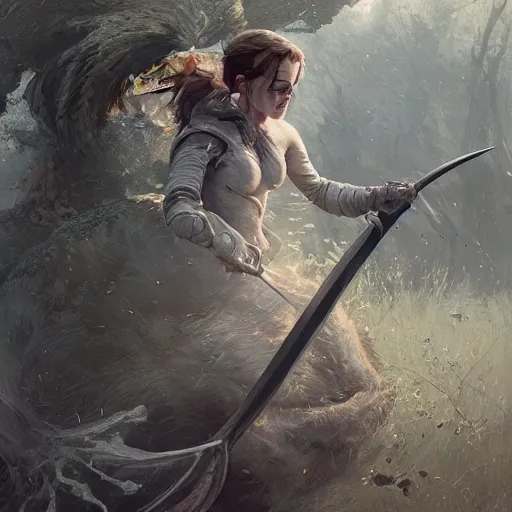 Image similar to portait of a heavily armoured emma watson swinging her long sword forest monster, front game card, drark, marvel comics, dark, intricate, highly detailed, smooth, artstation, digital illustration by ruan jia and mandy jurgens and artgerm and wayne barlowe and greg rutkowski and zdislav beksinski